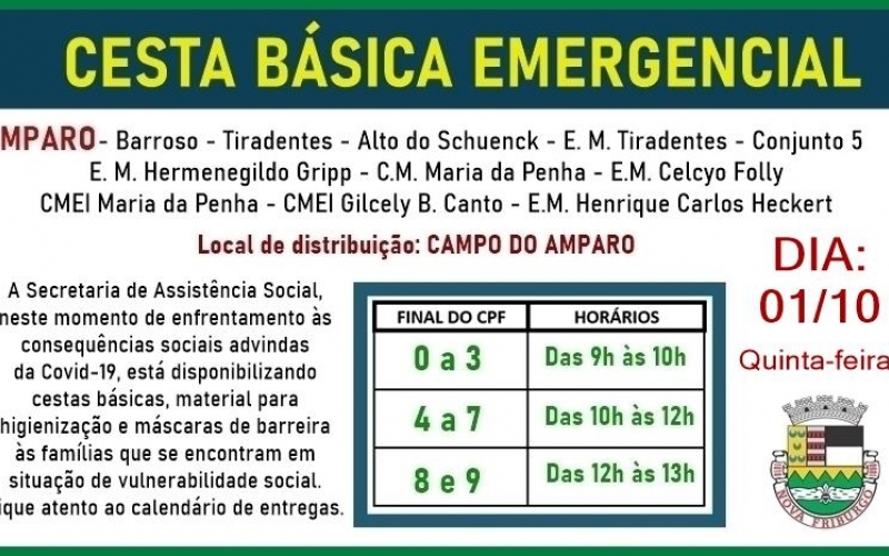 Cronograma de entrega das cestas básicas emergenciais